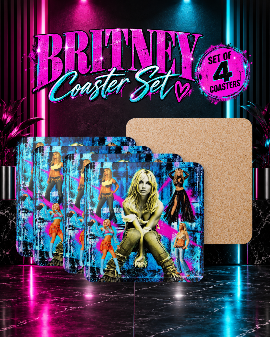 Britney 25th Anniversary Coaster Set – Set of 4 | Y2K Pop Art Drink Coasters with Cork Back