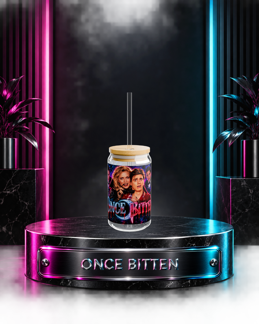 Once Bitten — Neon Fangs & Palm Trees | 16oz Glass Can