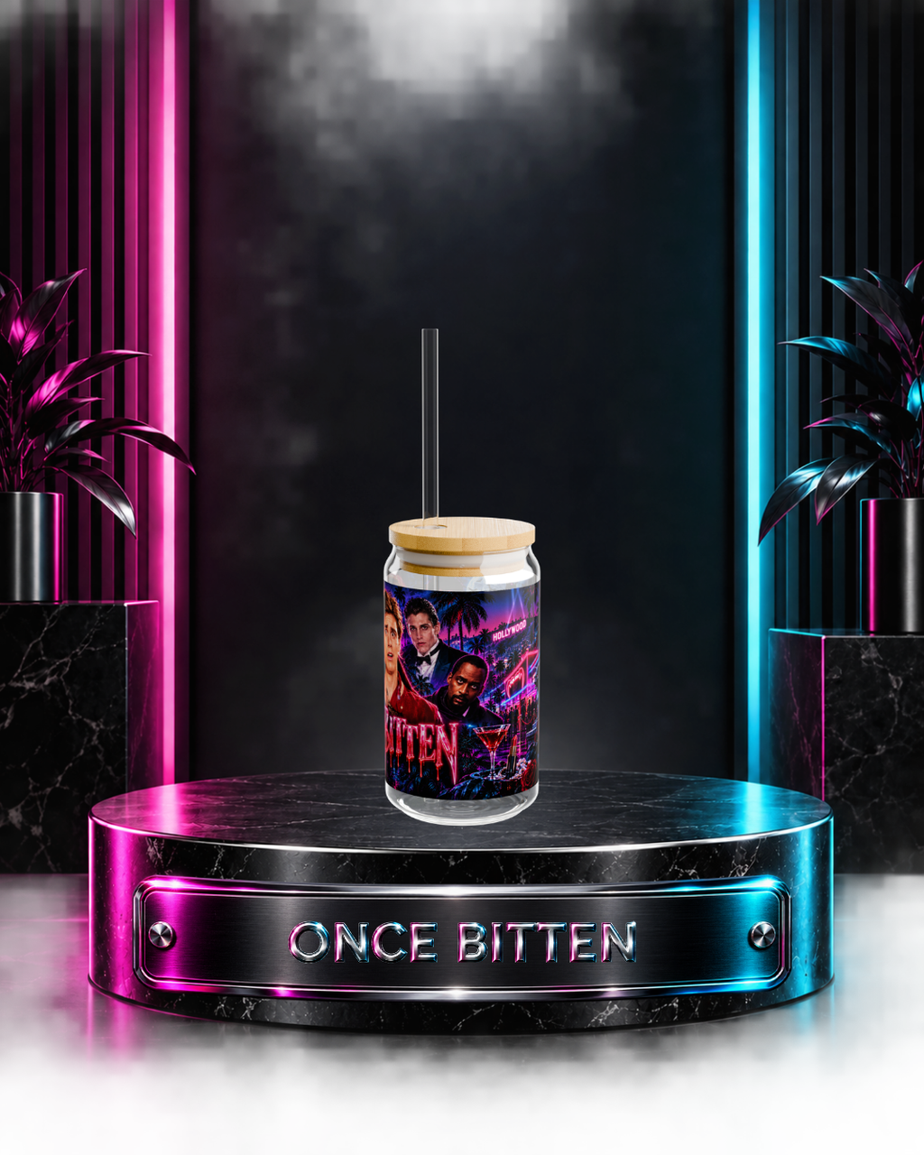Once Bitten — Neon Fangs & Palm Trees | 16oz Glass Can