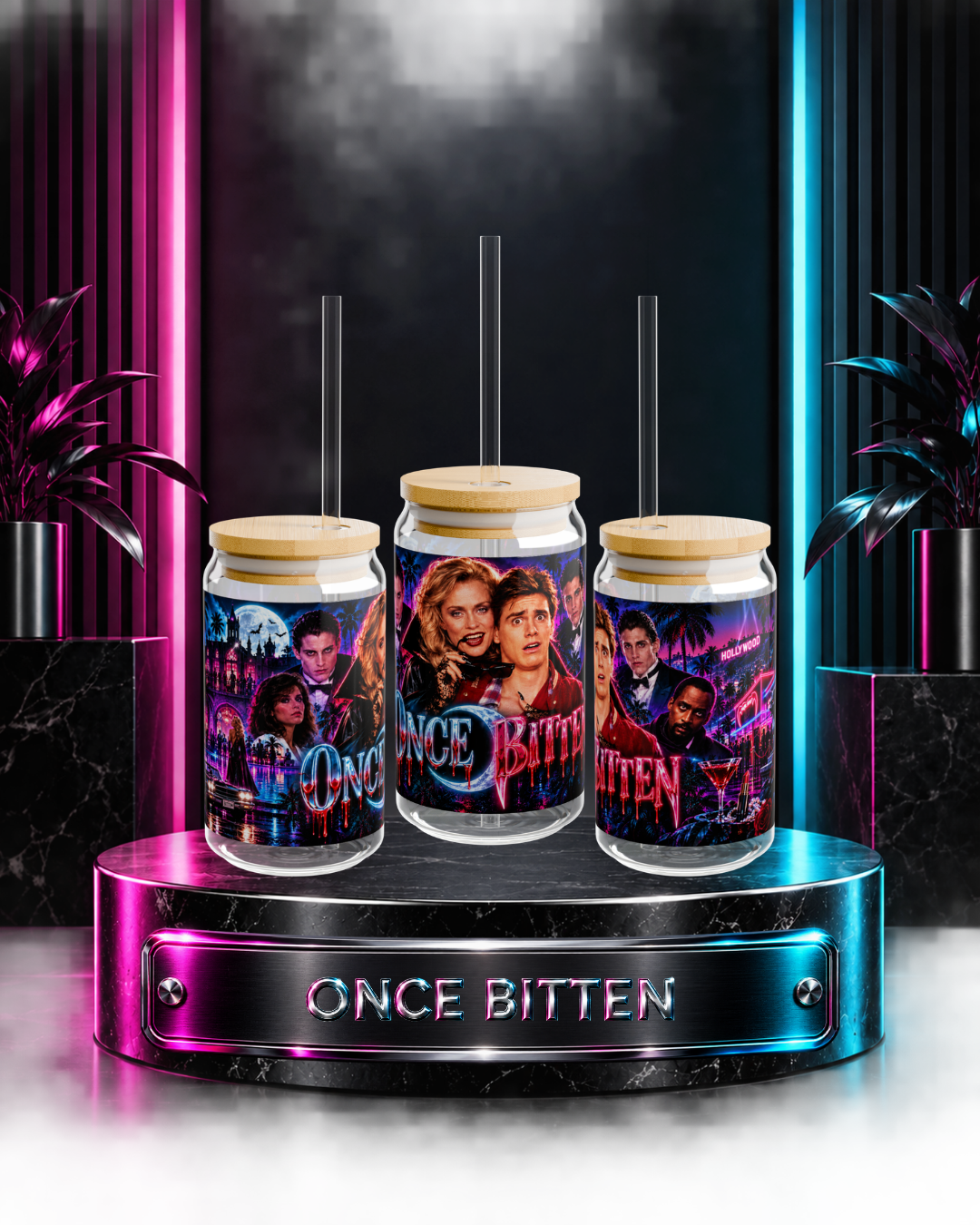Once Bitten — Neon Fangs & Palm Trees | 16oz Glass Can