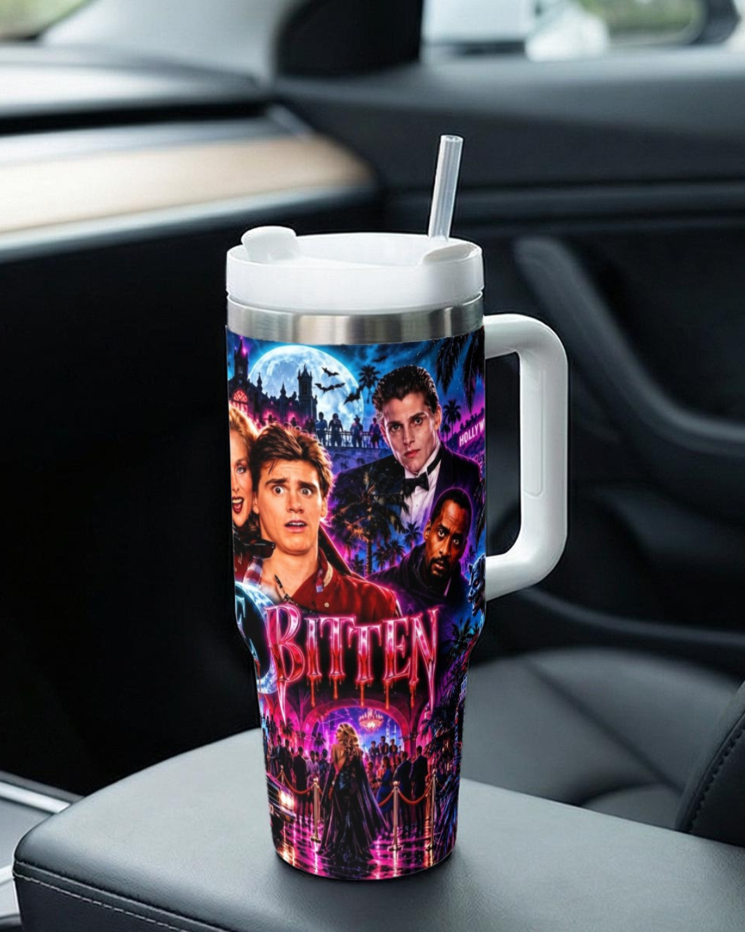 Once Bitten — Neon Fangs & Palm Trees | 40 oz Tumbler With Handle