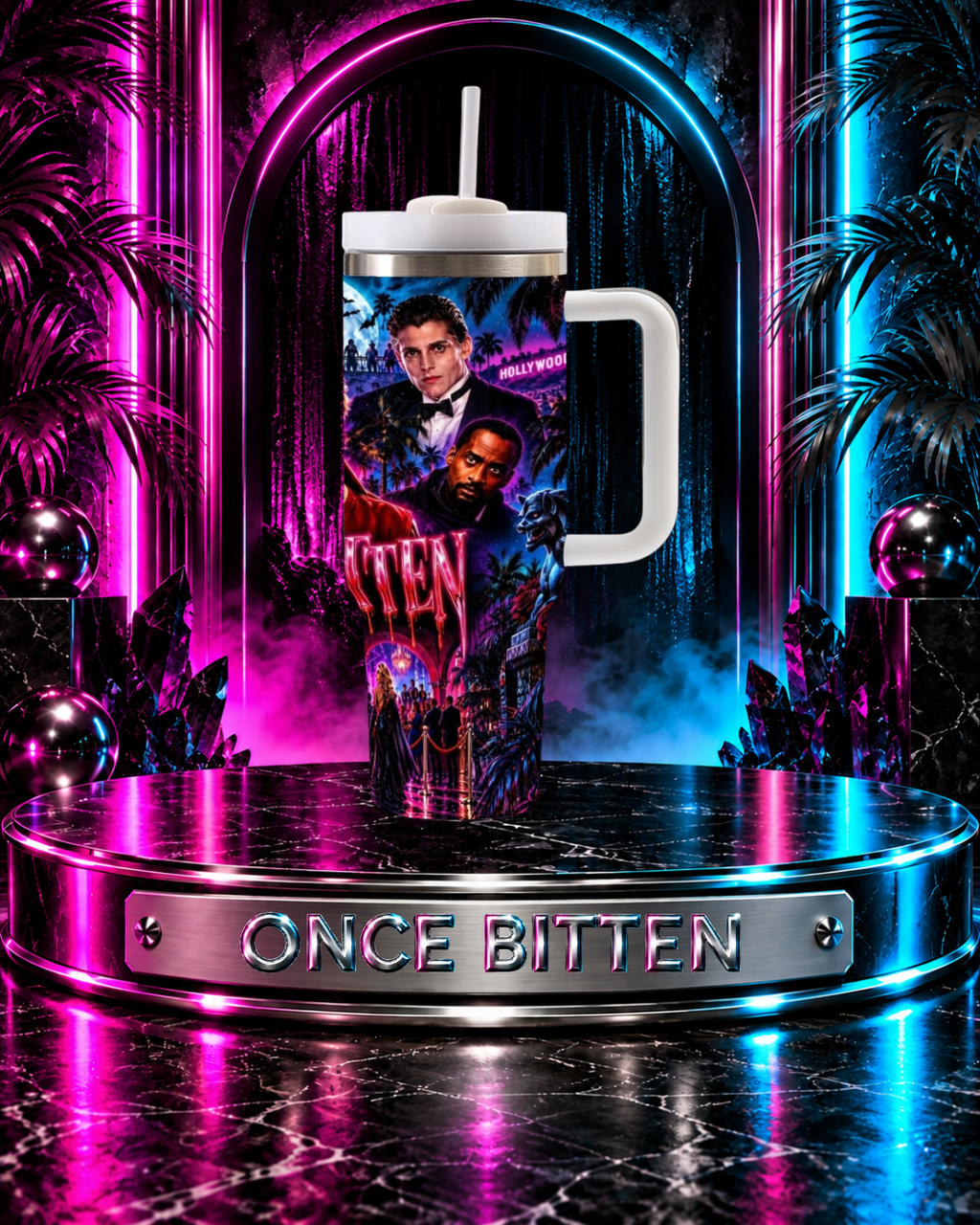 Once Bitten — Neon Fangs & Palm Trees | 40 oz Tumbler With Handle