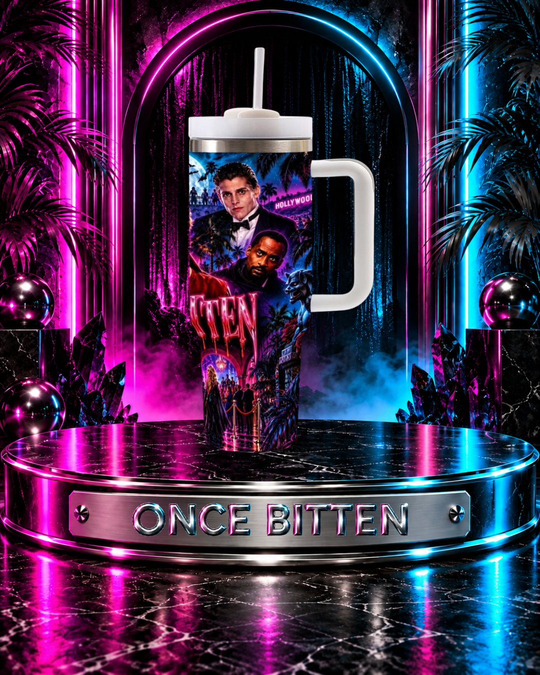 Once Bitten — Neon Fangs & Palm Trees | 40 oz Tumbler With Handle