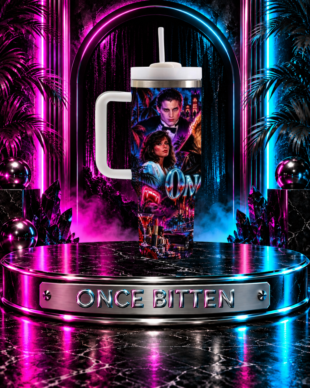 Once Bitten — Neon Fangs & Palm Trees | 40 oz Tumbler With Handle