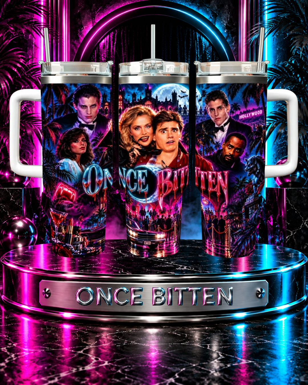 Once Bitten — Neon Fangs & Palm Trees | 40 oz Tumbler With Handle